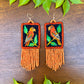 Handmade Guatemalan Embroidered Oriole Inspired Bird Earrings with Clay Bead Fringes and Silver Hooks, orange