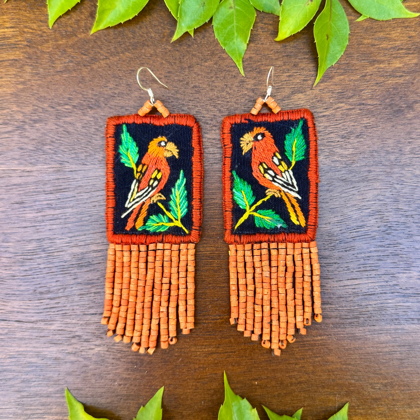 Handmade Guatemalan Embroidered Oriole Inspired Bird Earrings with Clay Bead Fringes and Silver Hooks, orange