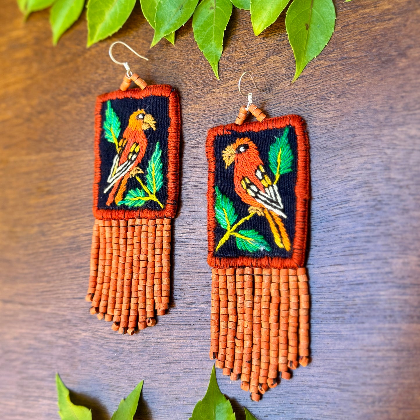 Handmade Guatemalan Embroidered Oriole Inspired Bird Earrings with Clay Bead Fringes and Silver Hooks, orange