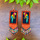 Handmade Guatemalan Embroidered Macaw Bird Earrings with Clay Bead Fringes and Silver Hooks, orange multicolor