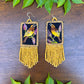 Handmade Guatemalan Embroidered Wren Inspired Bird Earrings with Clay Bead Fringes and Silver Hooks, light mustard