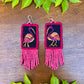 Handmade Guatemalan Embroidered Ibis Inspired Bird Earrings with Clay Bead Fringes and Silver Hooks, magenta