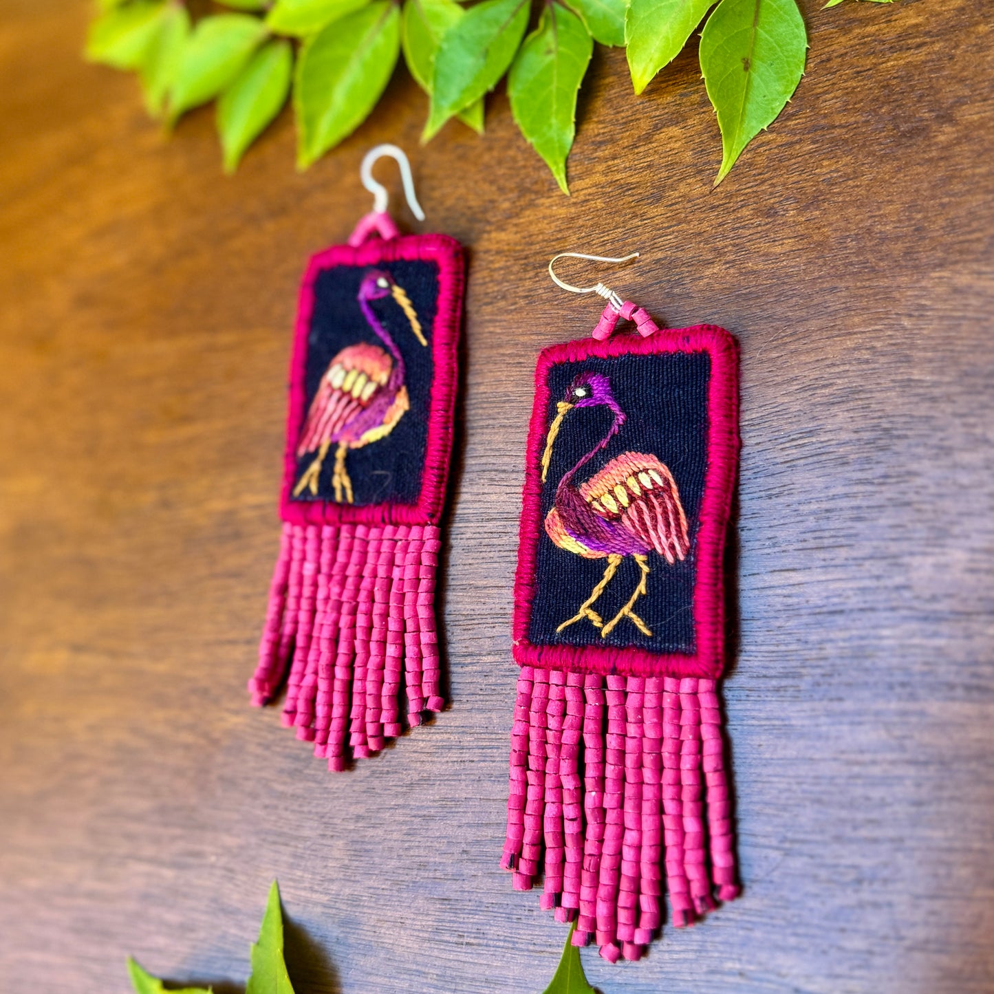 Handmade Guatemalan Embroidered Ibis Inspired Bird Earrings with Clay Bead Fringes and Silver Hooks, magenta