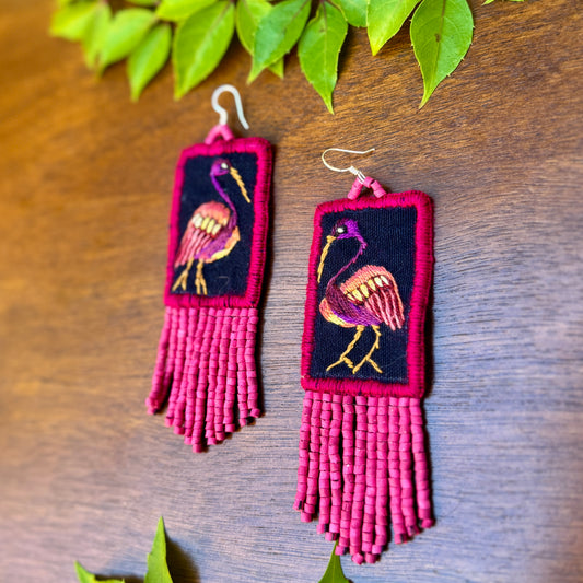 Handmade Guatemalan Embroidered Ibis Inspired Bird Earrings with Clay Bead Fringes and Silver Hooks, magenta