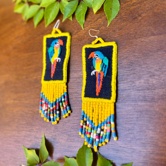Handmade Guatemalan Embroidered Guacamaya Bird Earrings with Clay Bead Fringes and Silver Hooks, yellow multicolor