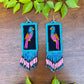Handmade Guatemalan Embroidered Quetzal Bird Inspired Earrings with Clay Bead Fringes and Silver Hooks, celeste
