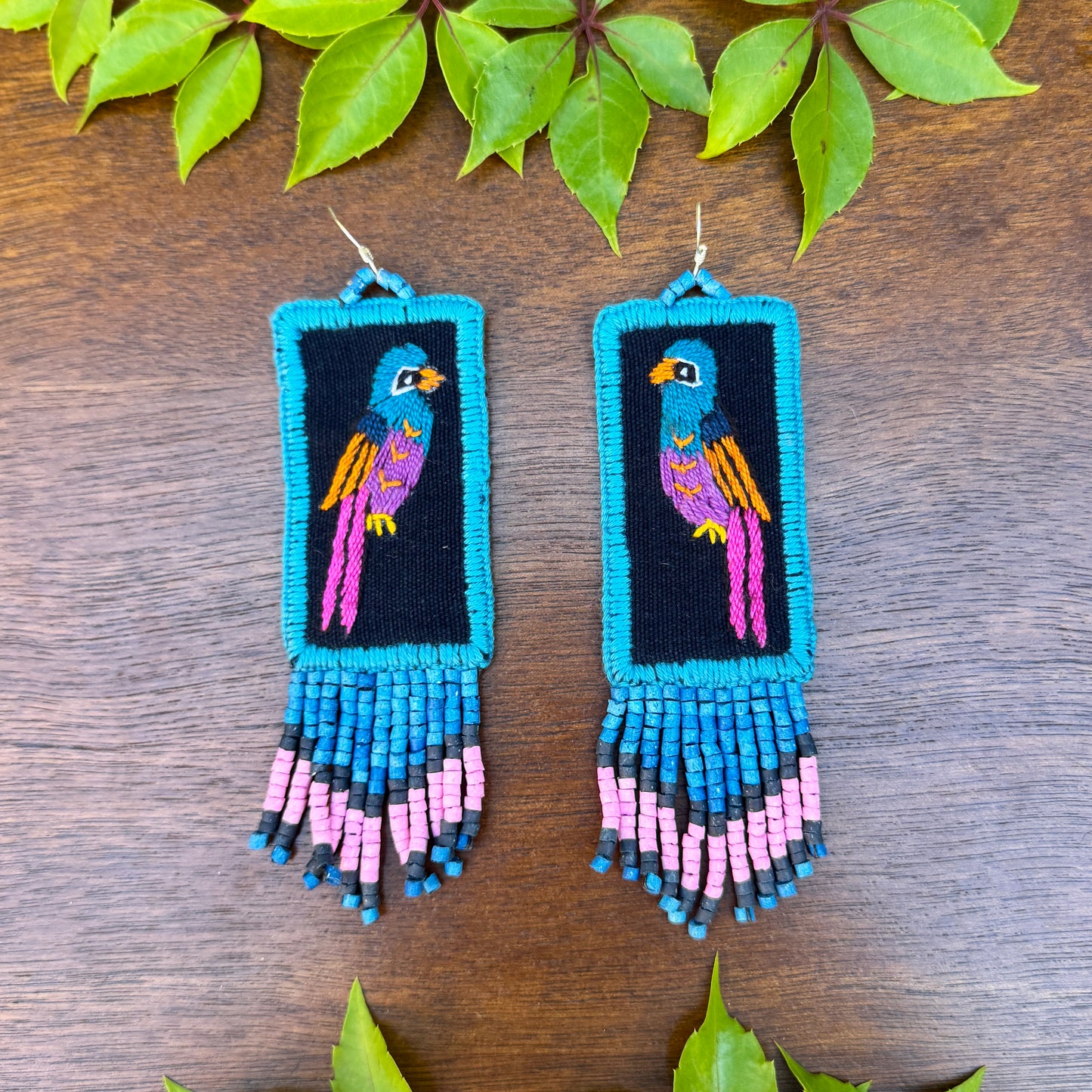 Handmade Guatemalan Embroidered Quetzal Bird Inspired Earrings with Clay Bead Fringes and Silver Hooks, celeste