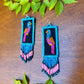 Handmade Guatemalan Embroidered Quetzal Bird Inspired Earrings with Clay Bead Fringes and Silver Hooks, celeste