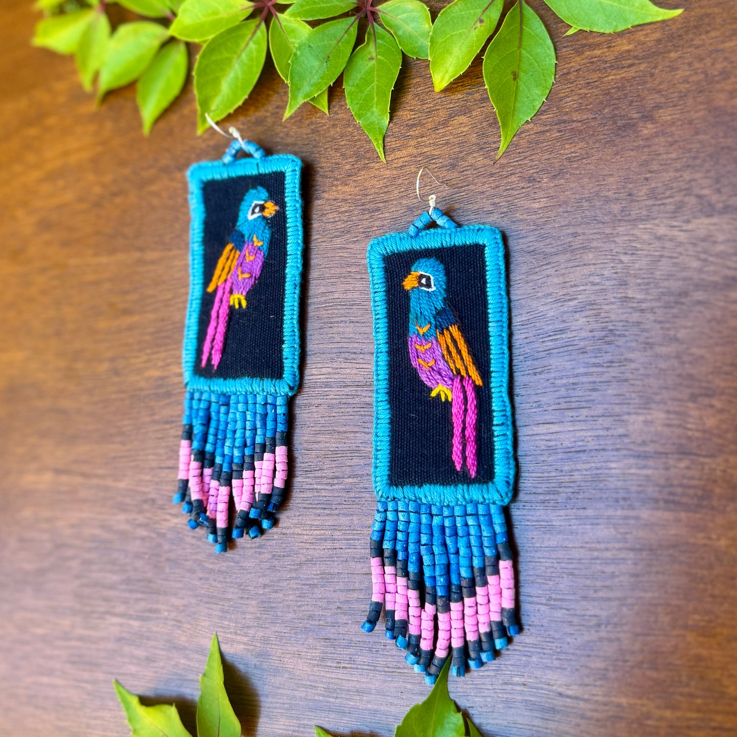 Handmade Guatemalan Embroidered Quetzal Bird Inspired Earrings with Clay Bead Fringes and Silver Hooks, celeste