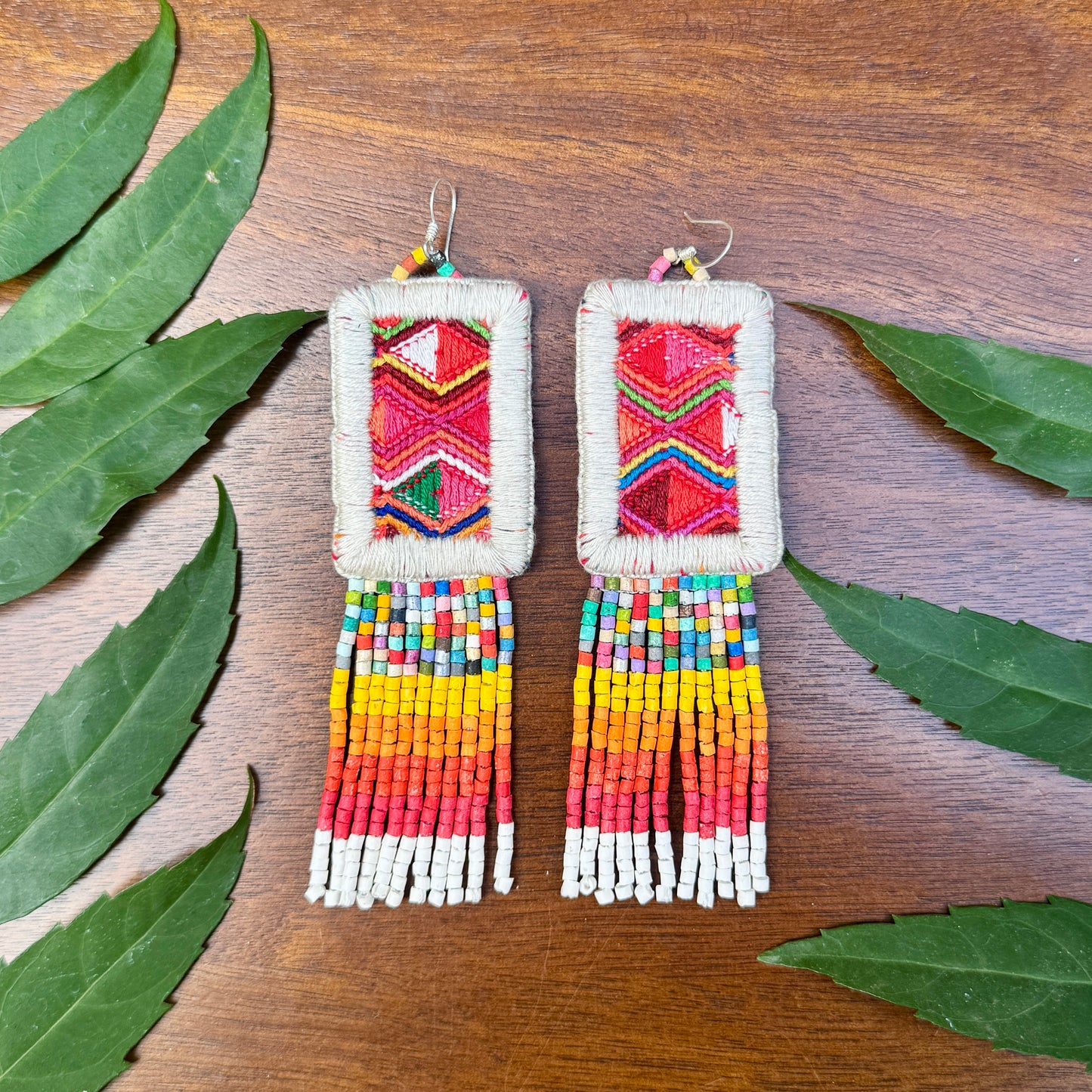 Guatemalan Mayan Textile Statement Earrings with Handmade Clay Beads, medium length, white rectangle