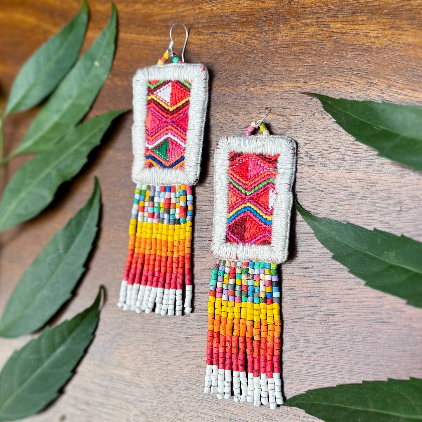 Guatemalan Mayan Textile Statement Earrings with Handmade Clay Beads, medium length, white rectangle