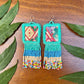 Guatemalan Mayan Textile Statement Earrings with Handmade Clay Beads, medium length turquoise square