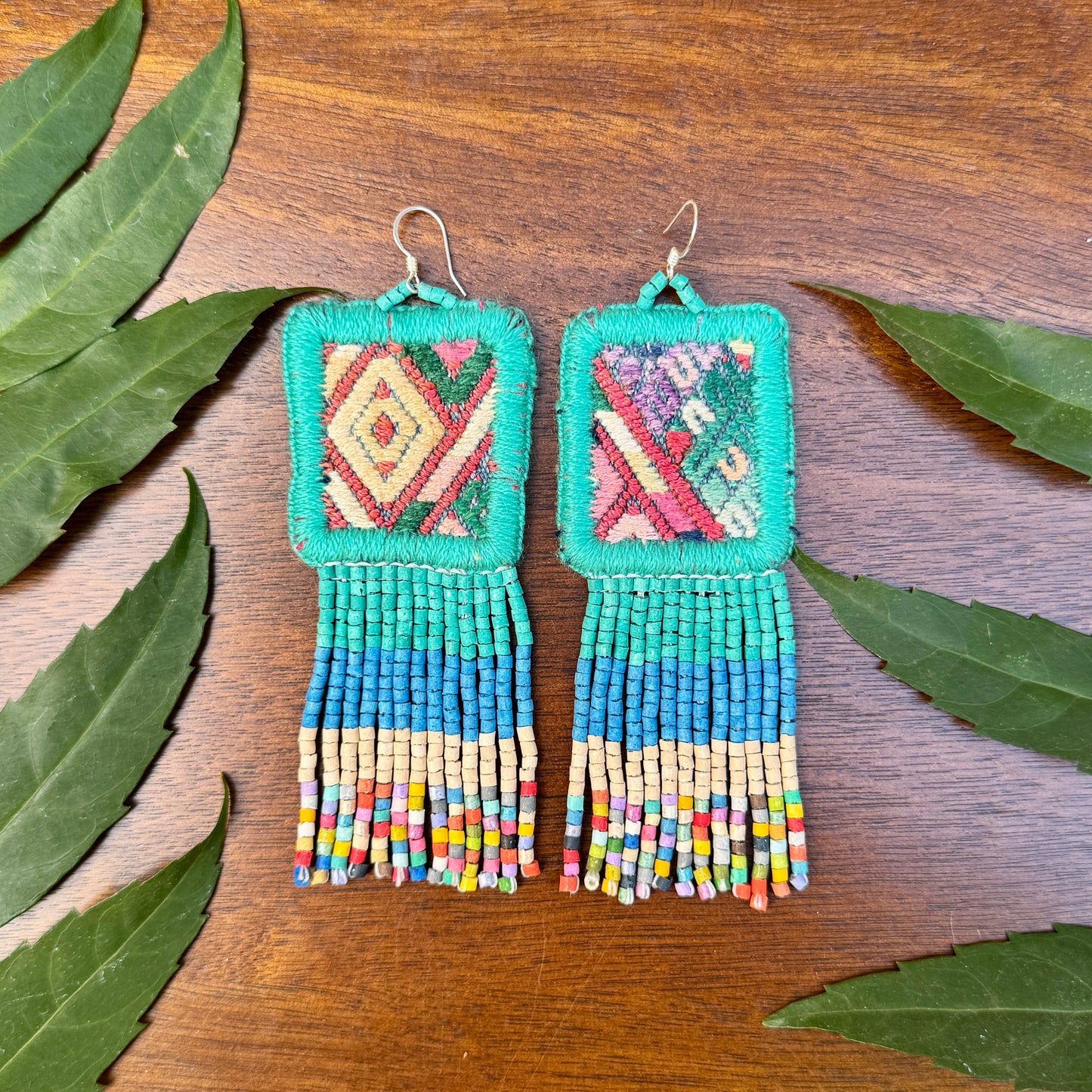 Guatemalan Mayan Textile Statement Earrings with Handmade Clay Beads, medium length turquoise square
