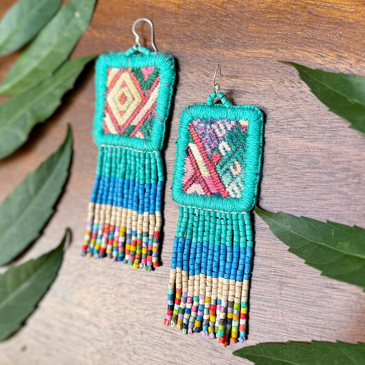 Guatemalan Mayan Textile Statement Earrings with Handmade Clay Beads, medium length turquoise square