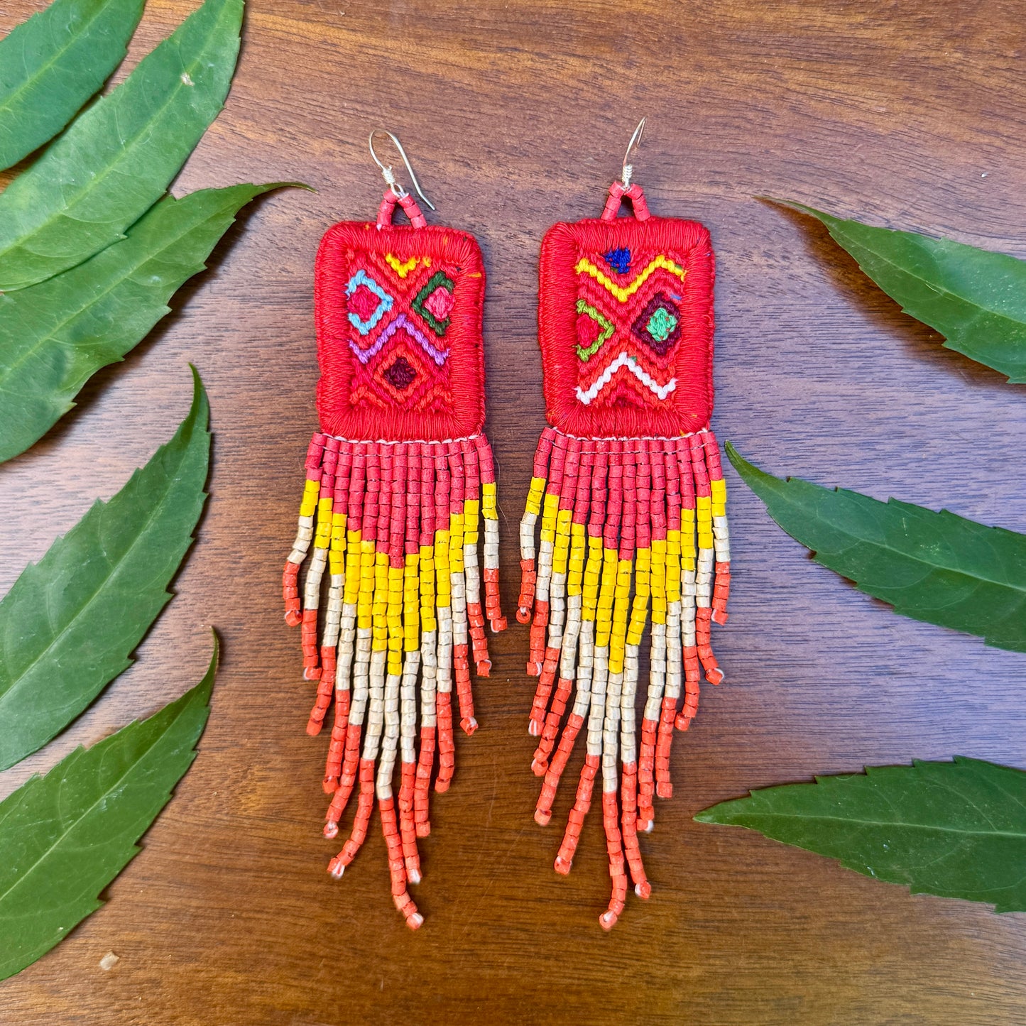 Guatemalan Mayan Textile Statement Earrings with Handmade Clay Beads, red square