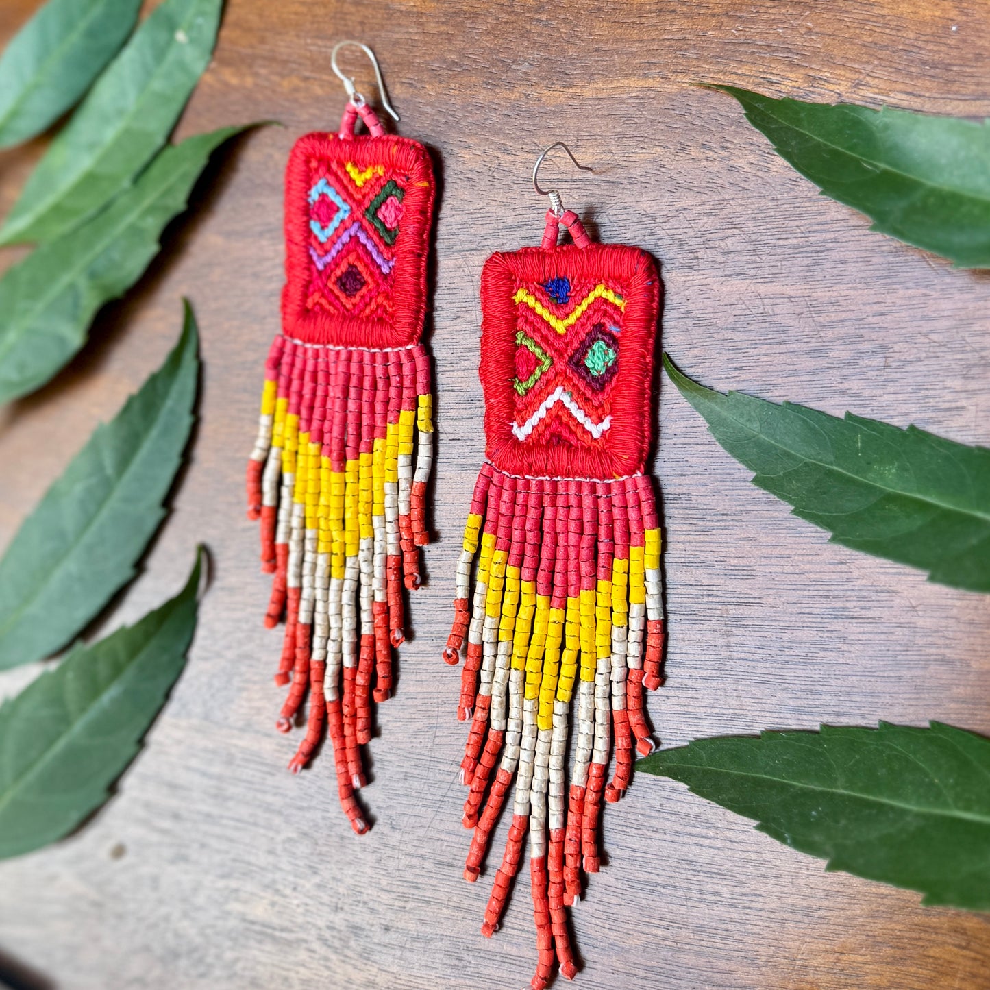Guatemalan Mayan Textile Statement Earrings with Handmade Clay Beads, red square