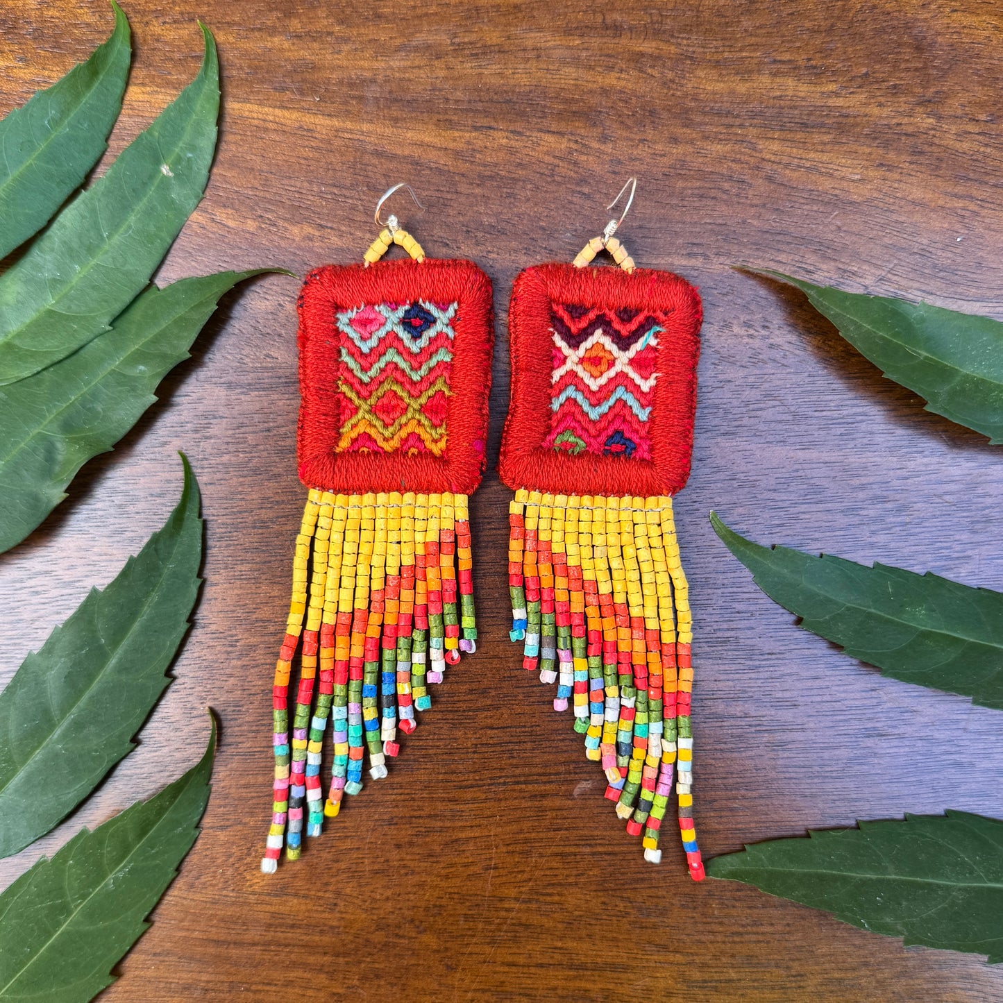 Handmade Statement Earrings with Aguacatán Textile & Graduated Clay Bead Fringe, burnt orange square