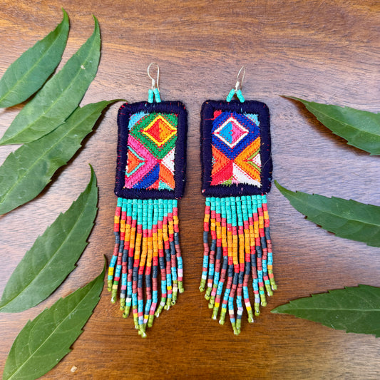 Guatemalan Mayan Textile Statement Earrings with Handmade Clay Beads, dark blue zigzag