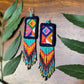 Guatemalan Mayan Textile Statement Earrings with Handmade Clay Beads, dark blue zigzag