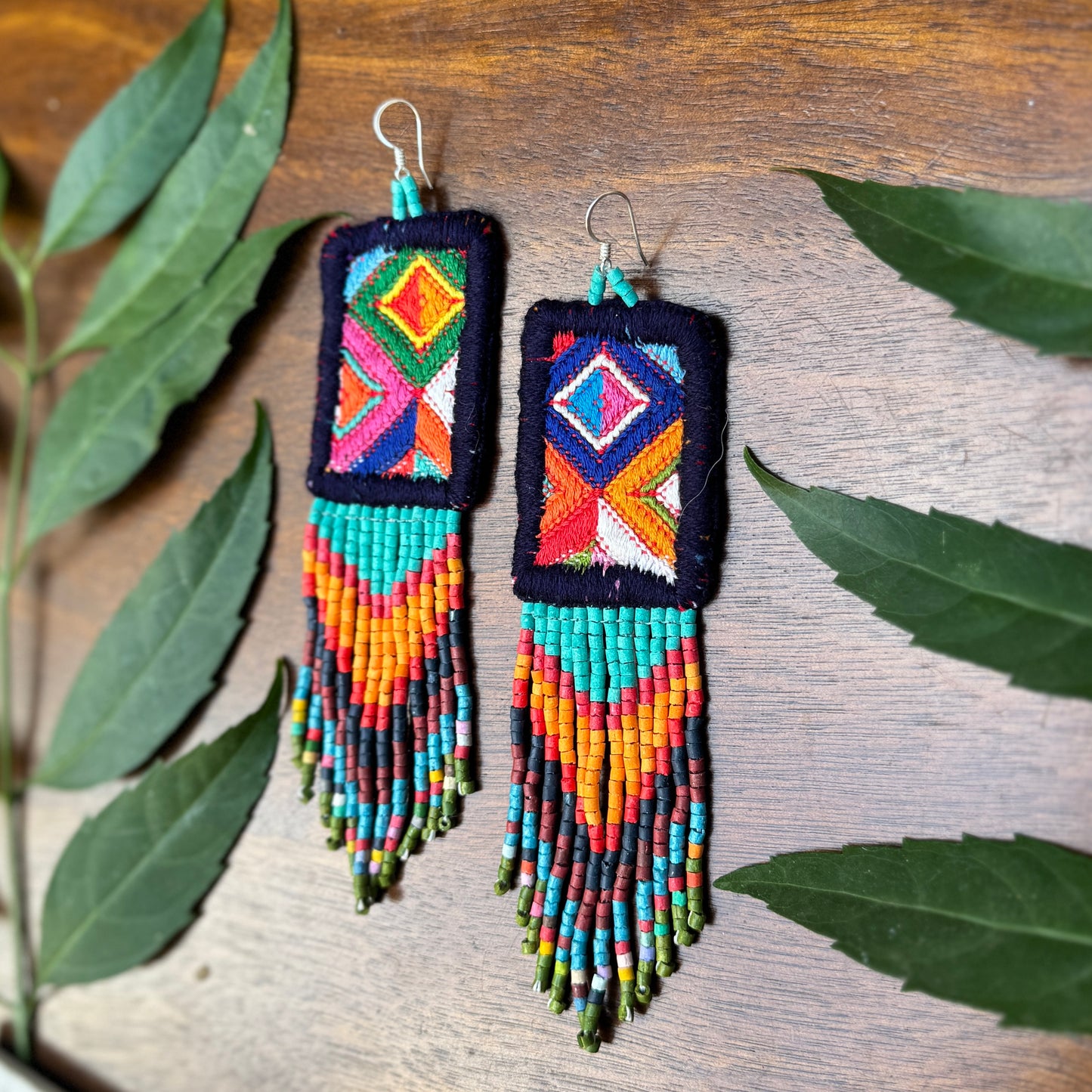 Guatemalan Mayan Textile Statement Earrings with Handmade Clay Beads, dark blue zigzag