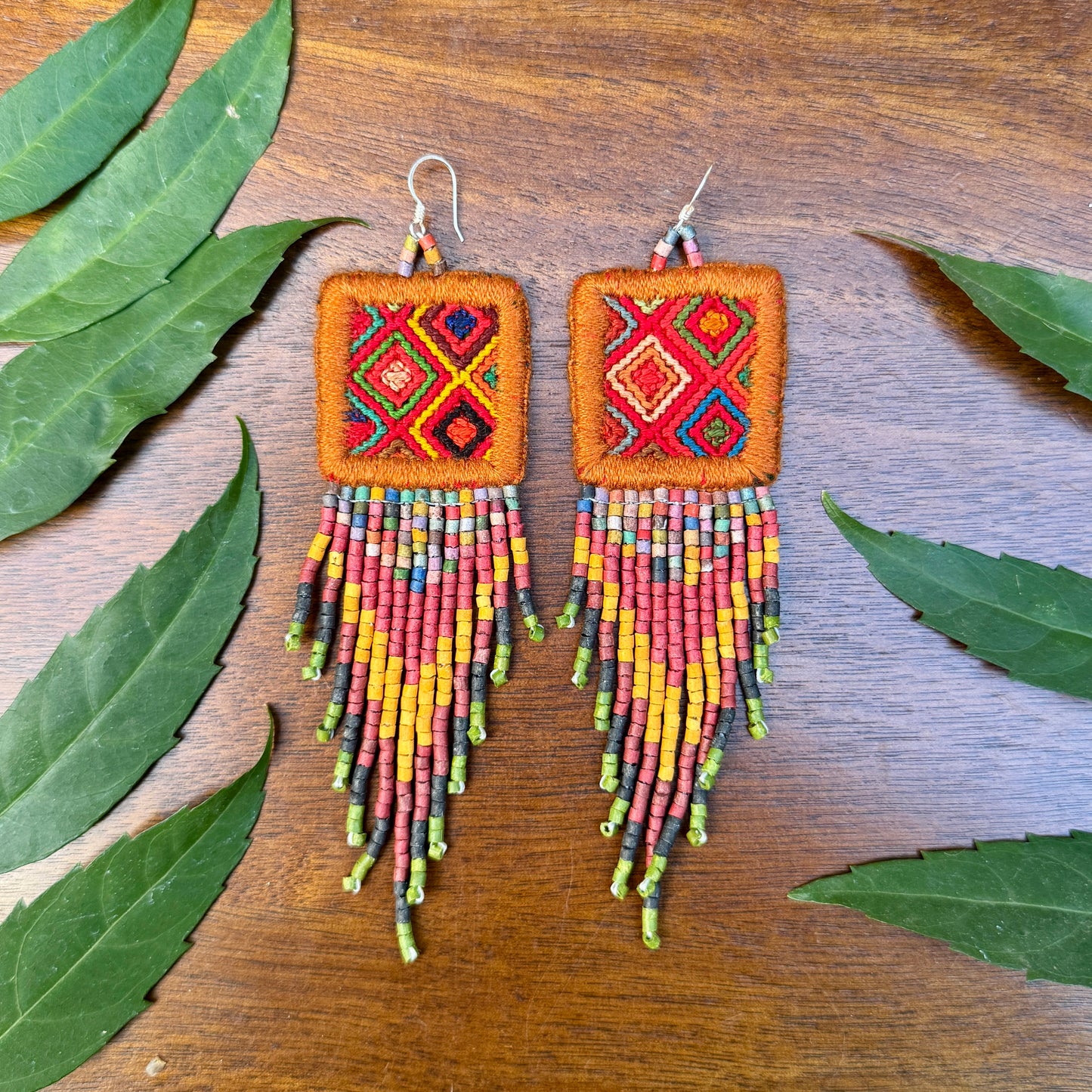 Guatemalan Mayan Textile Statement Earrings with Handmade Clay Beads, burnt orange square