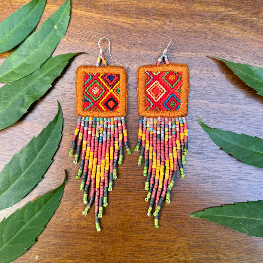 Guatemalan Mayan Textile Statement Earrings with Handmade Clay Beads, burnt orange square