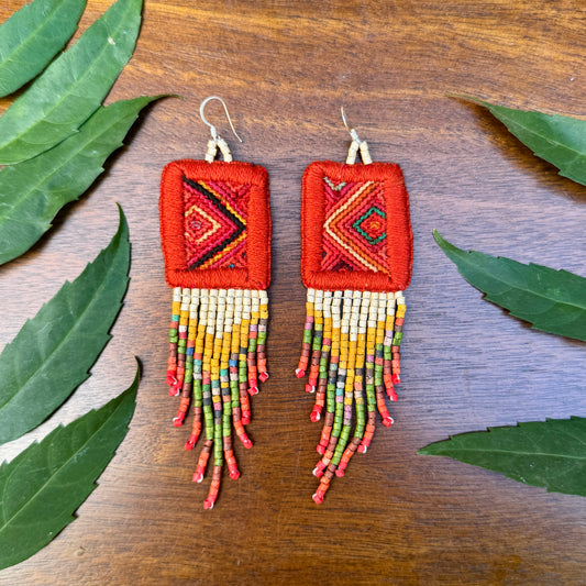 Guatemalan Mayan Textile Statement Earrings with Handmade Clay Beads, dark orange square