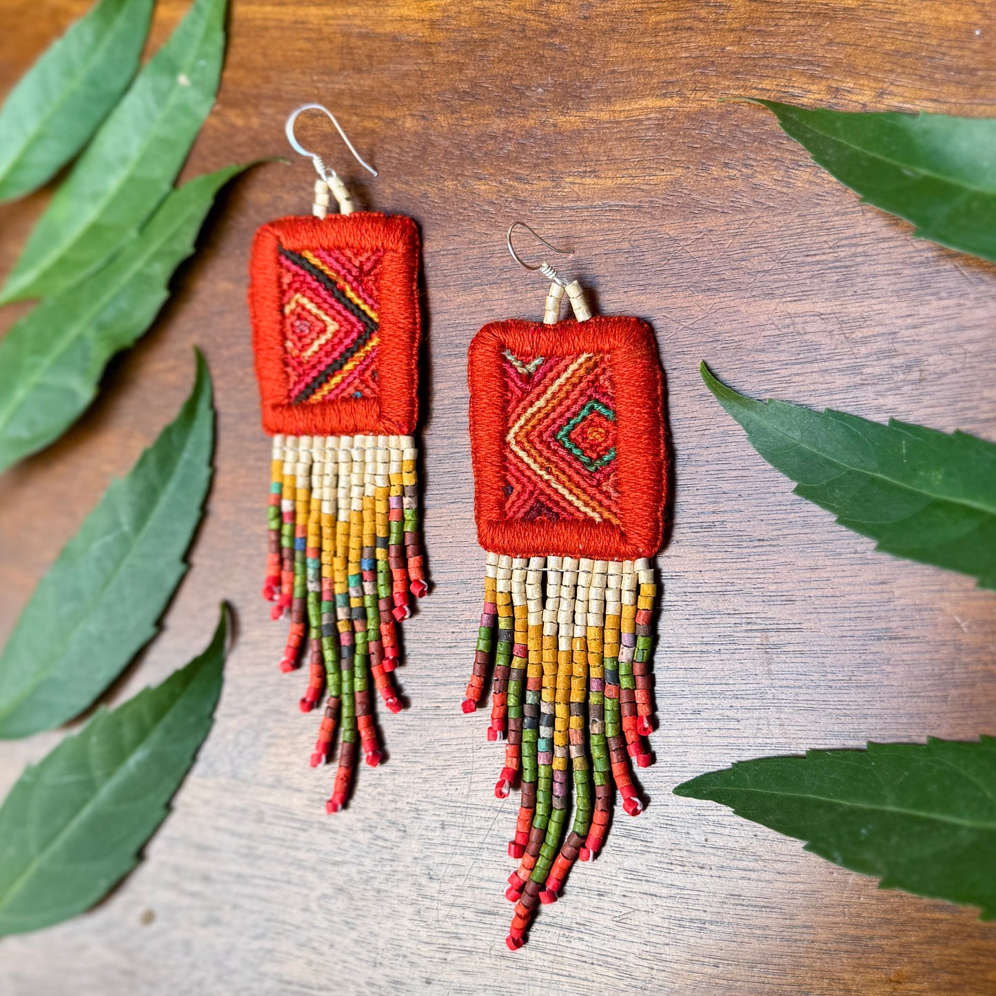 Guatemalan Mayan Textile Statement Earrings with Handmade Clay Beads, dark orange square