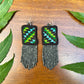 Guatemalan Mayan Textile Statement Earrings with Handmade Clay Beads, medium length, black rectangle