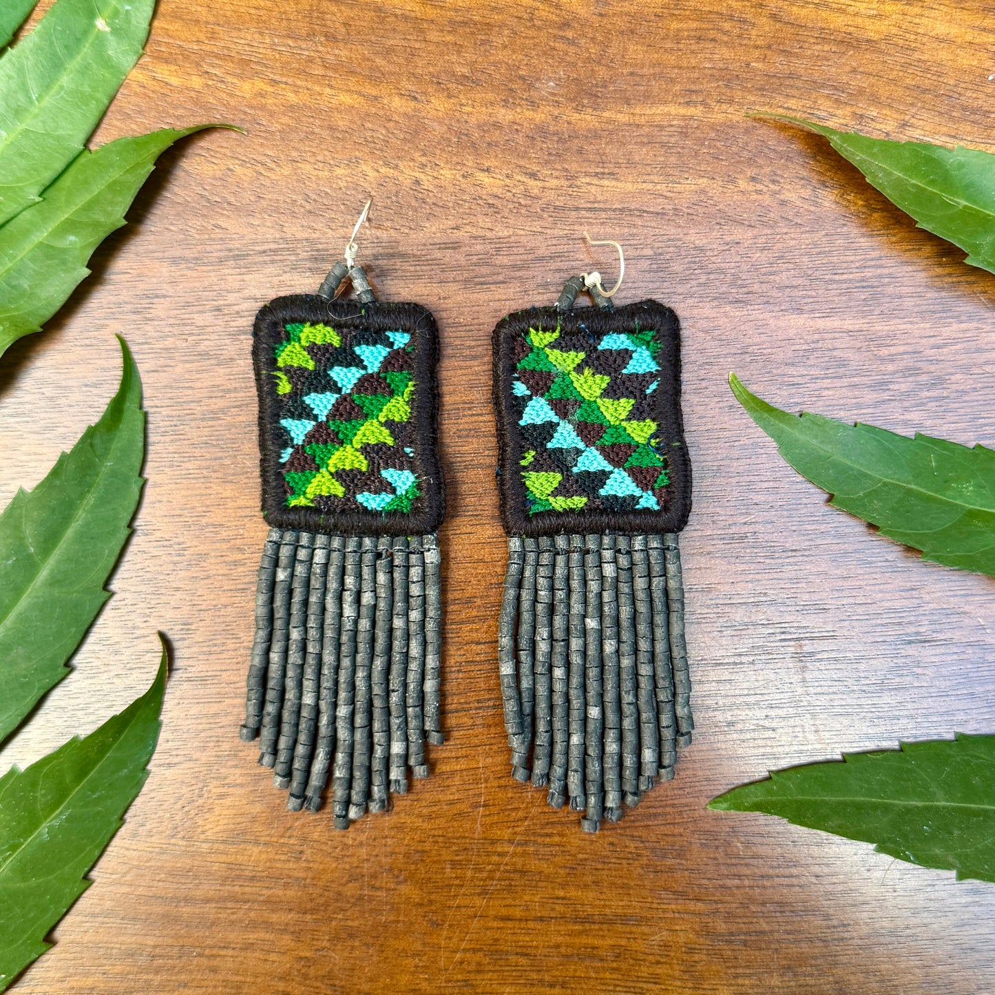 Guatemalan Mayan Textile Statement Earrings with Handmade Clay Beads, medium length, black rectangle