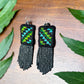Guatemalan Mayan Textile Statement Earrings with Handmade Clay Beads, medium length, black rectangle