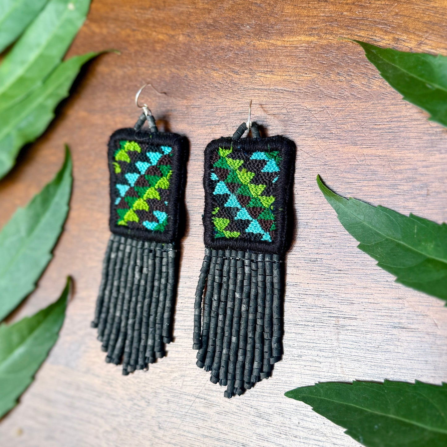 Guatemalan Mayan Textile Statement Earrings with Handmade Clay Beads, medium length, black rectangle