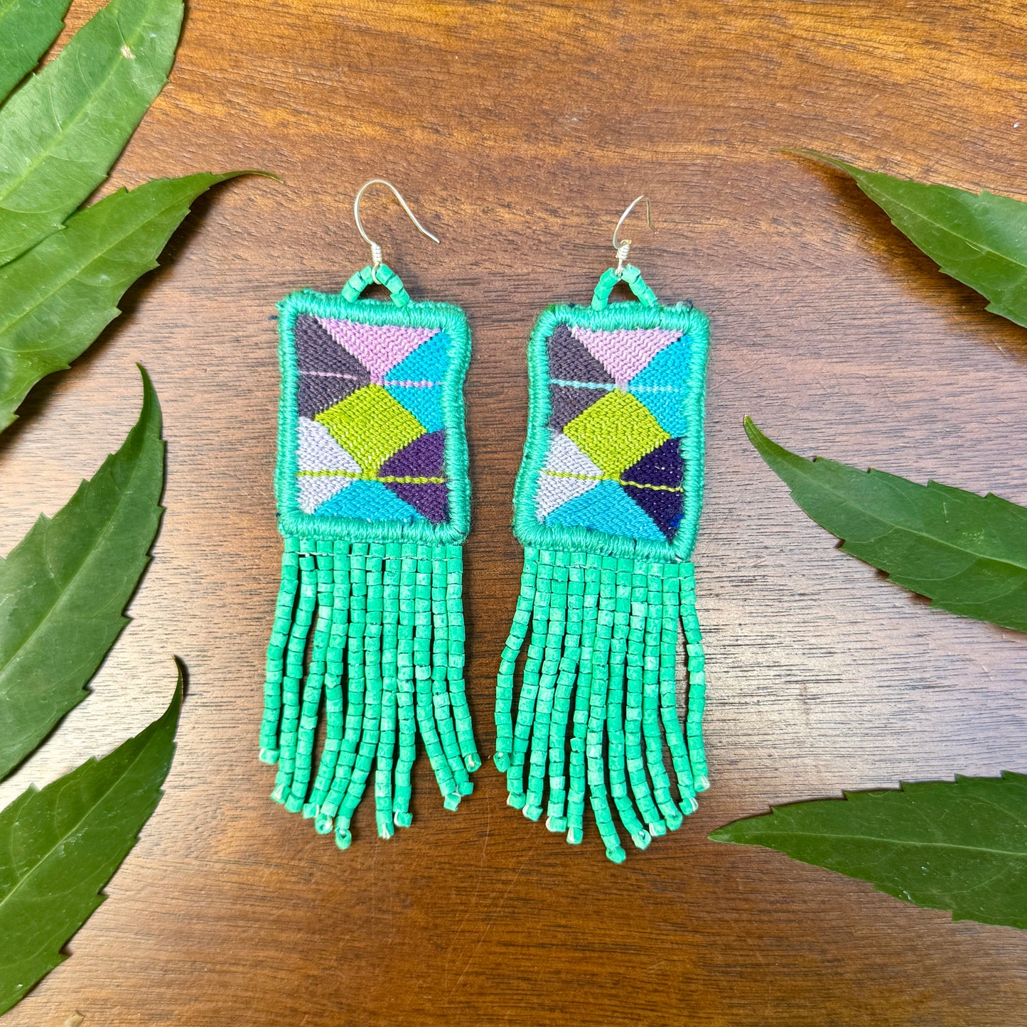 Guatemalan Mayan Textile Statement Earrings with Handmade Clay Beads, medium length, pastels