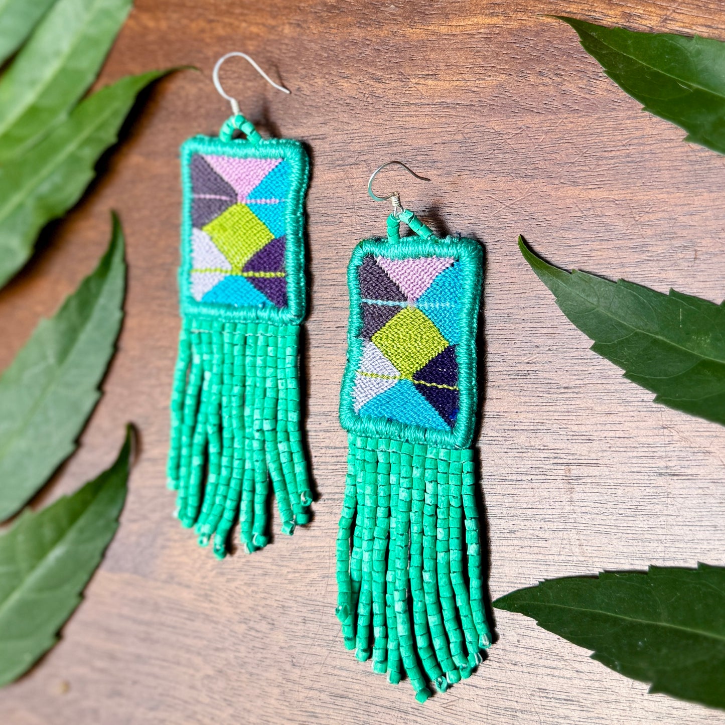 Guatemalan Mayan Textile Statement Earrings with Handmade Clay Beads, medium length, pastels