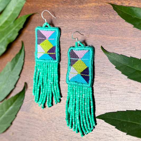 Guatemalan Mayan Textile Statement Earrings with Handmade Clay Beads, medium length, pastels