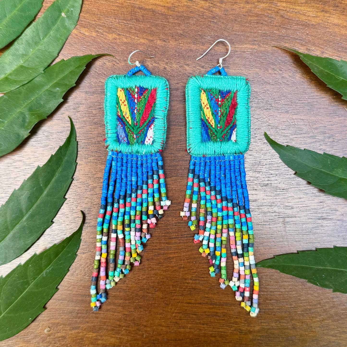 Handmade Statement Earrings with Aguacatán Textile & Graduated Clay Bead Fringe, turquoise square