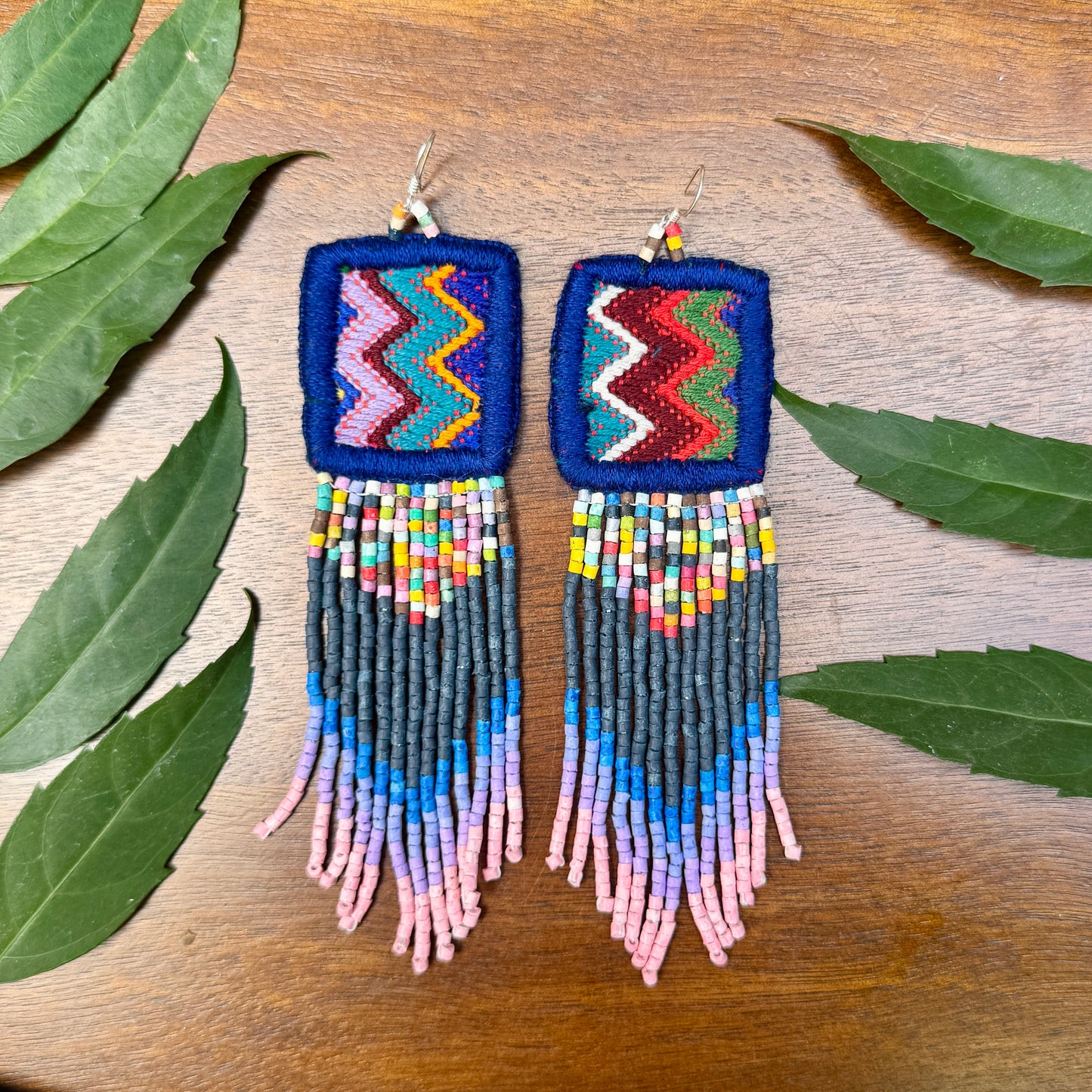 Guatemalan Mayan Textile Statement Earrings with Handmade Clay Beads, navy blue zig zag