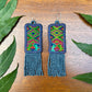 Guatemalan Mayan Textile Statement Earrings with Handmade Clay Beads, medium length, navy rectangle