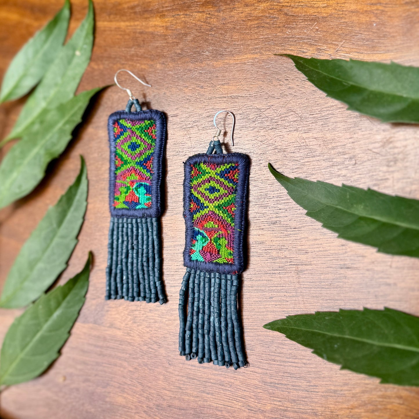 Guatemalan Mayan Textile Statement Earrings with Handmade Clay Beads, medium length, navy rectangle