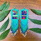 Guatemalan Mayan Textile Statement Earrings with Handmade Clay Beads, turquoise rectangle