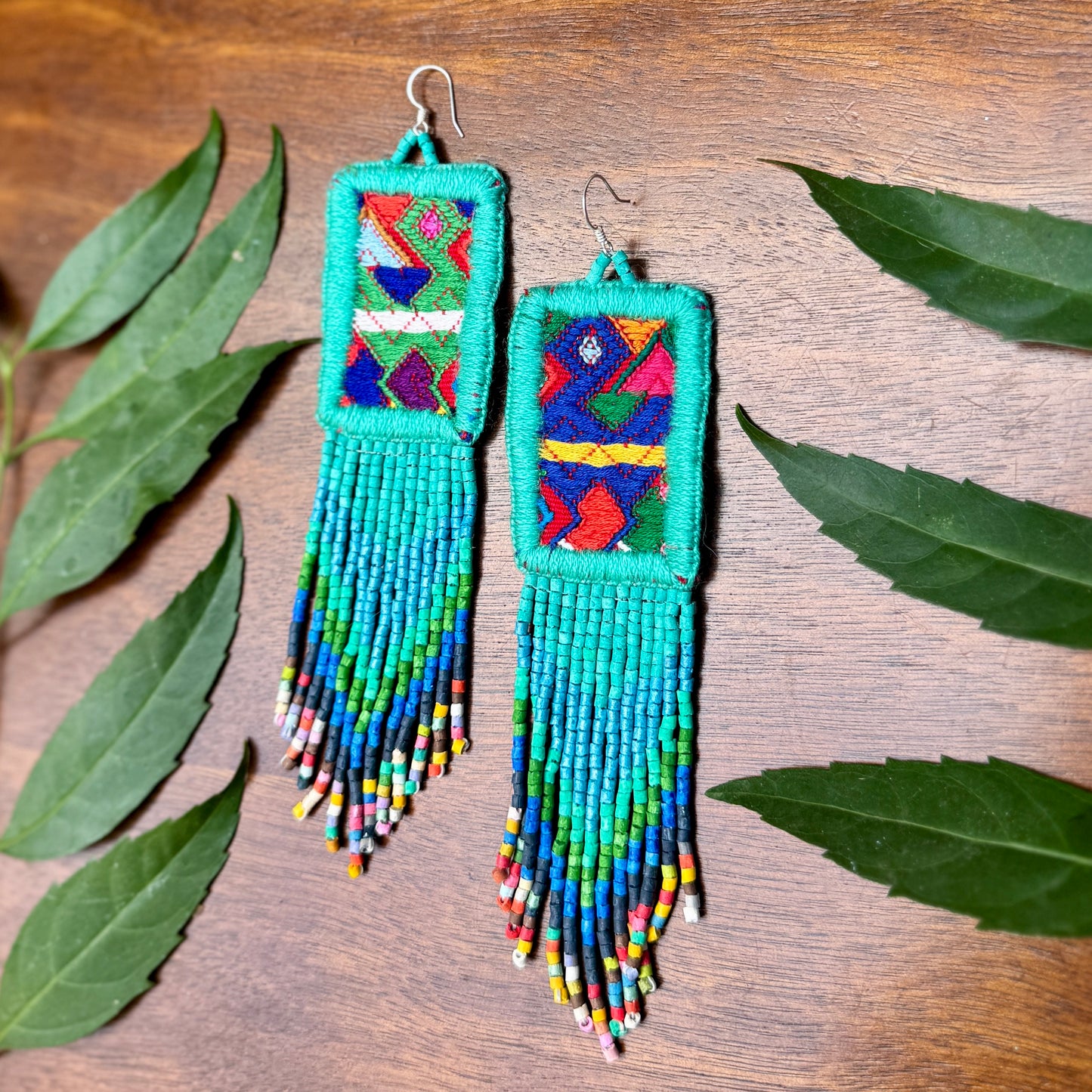 Guatemalan Mayan Textile Statement Earrings with Handmade Clay Beads, turquoise rectangle