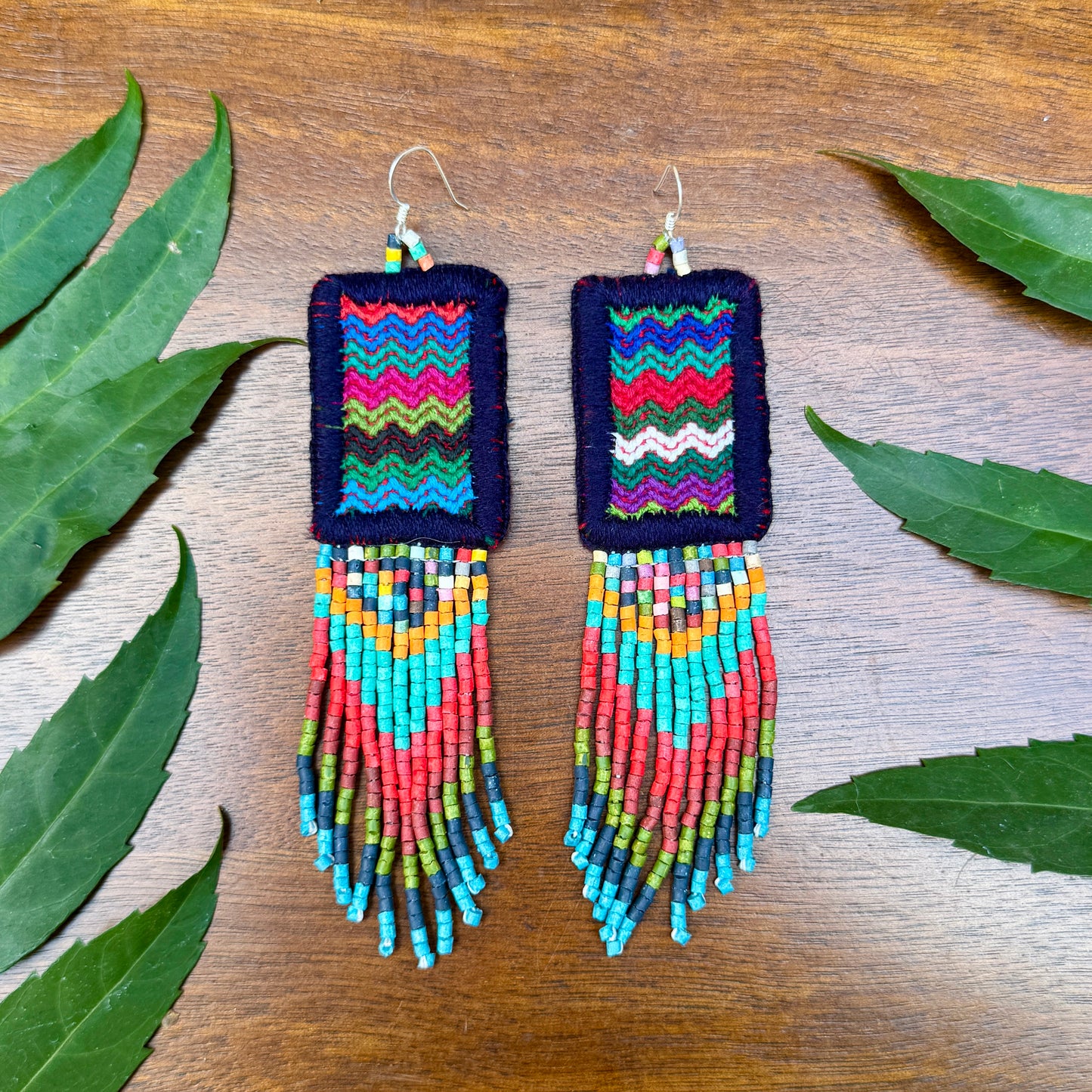 Guatemalan Mayan Textile Statement Earrings with Handmade Clay Beads, dark blue rectangle