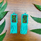 Guatemalan Mayan Textile Statement Earrings with Handmade Clay Beads, medium length, turquoise rectangle