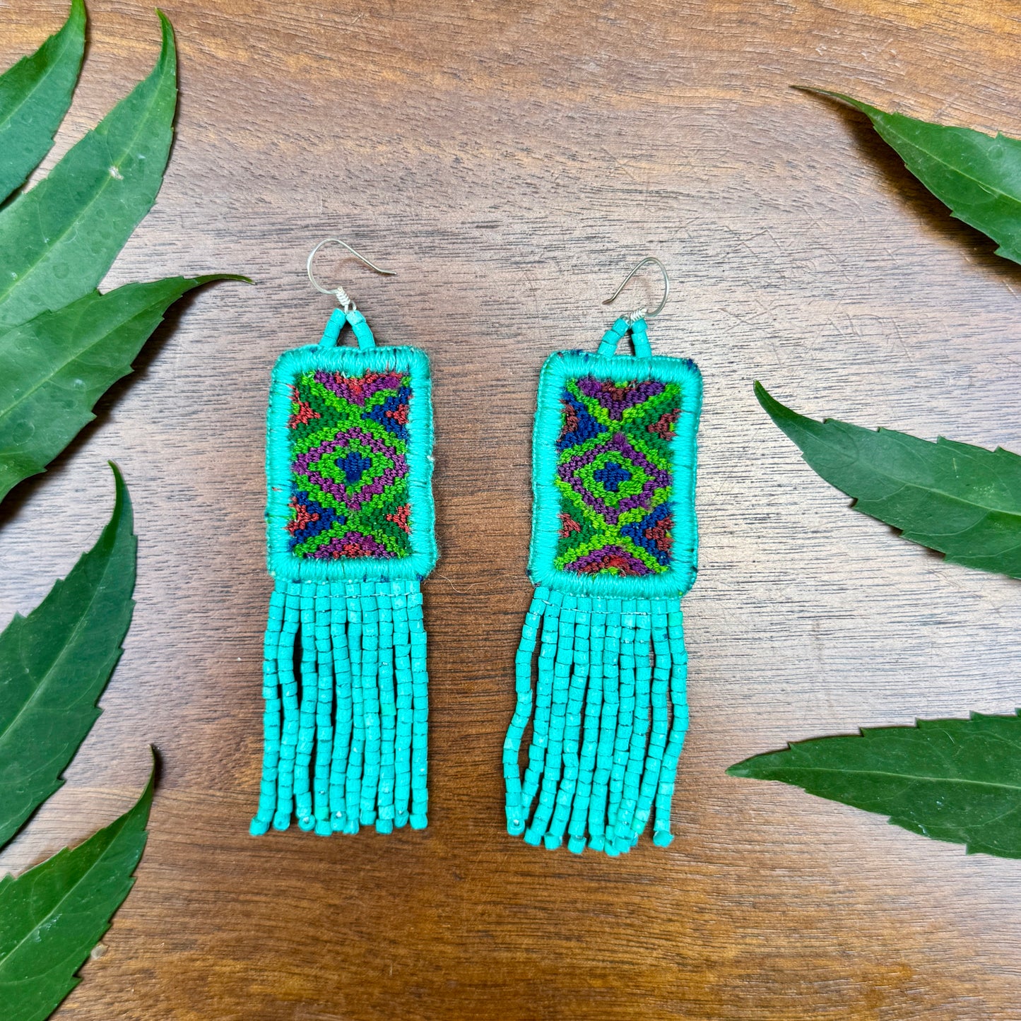 Guatemalan Mayan Textile Statement Earrings with Handmade Clay Beads, medium length, turquoise rectangle