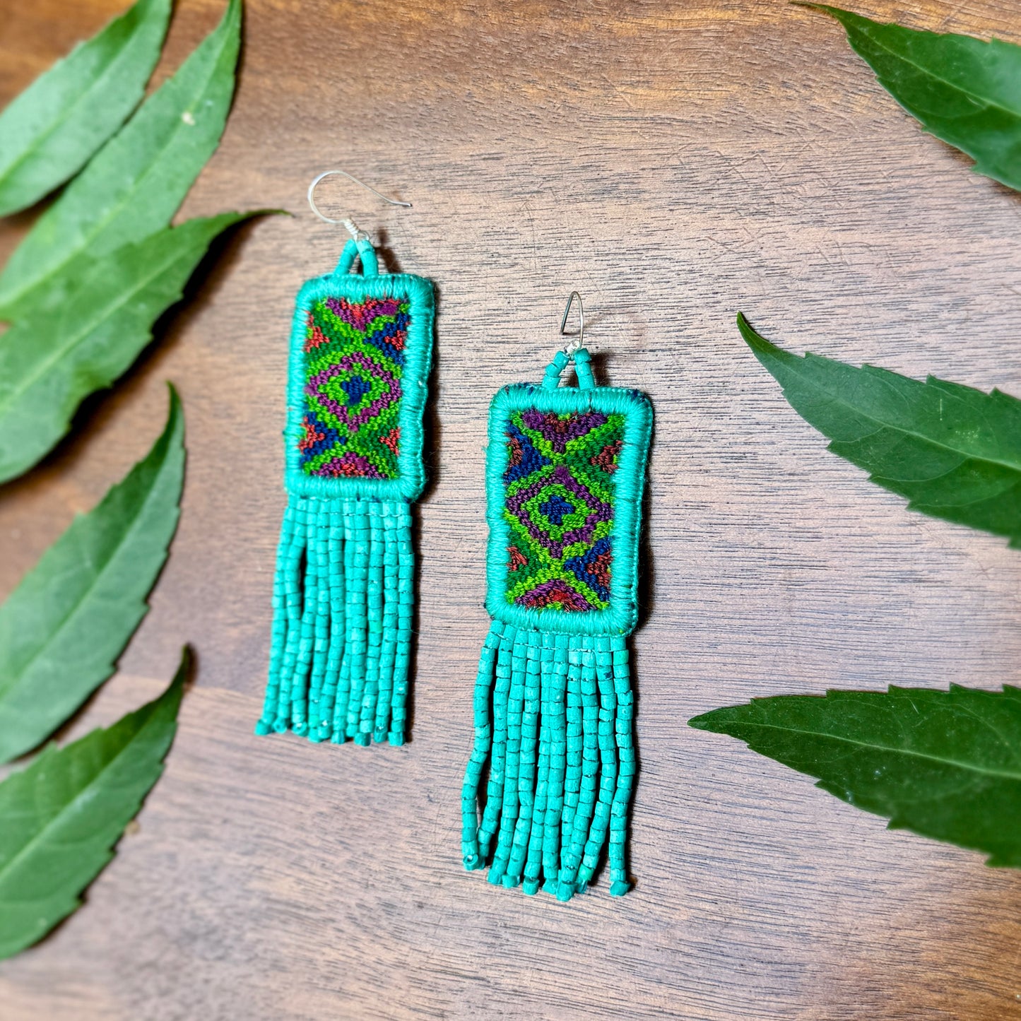 Guatemalan Mayan Textile Statement Earrings with Handmade Clay Beads, medium length, turquoise rectangle