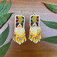 Guatemalan Mayan Textile Statement Earrings with Handmade Clay Beads, medium length, beige rectangle