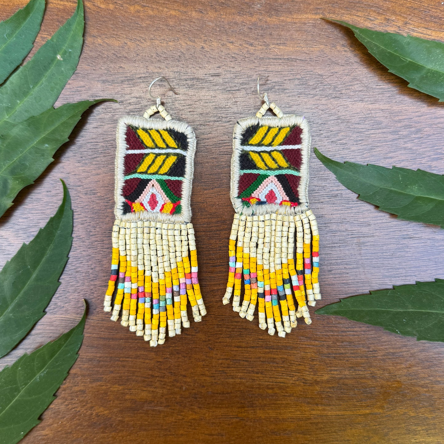 Guatemalan Mayan Textile Statement Earrings with Handmade Clay Beads, medium length, beige rectangle