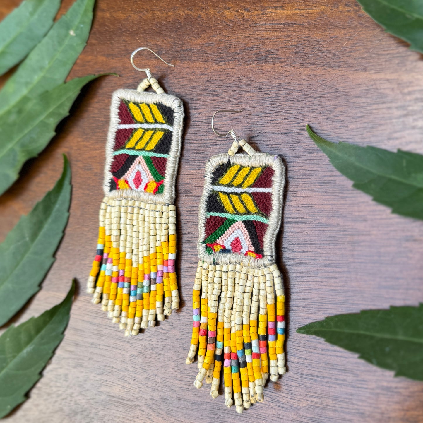 Guatemalan Mayan Textile Statement Earrings with Handmade Clay Beads, medium length, beige rectangle