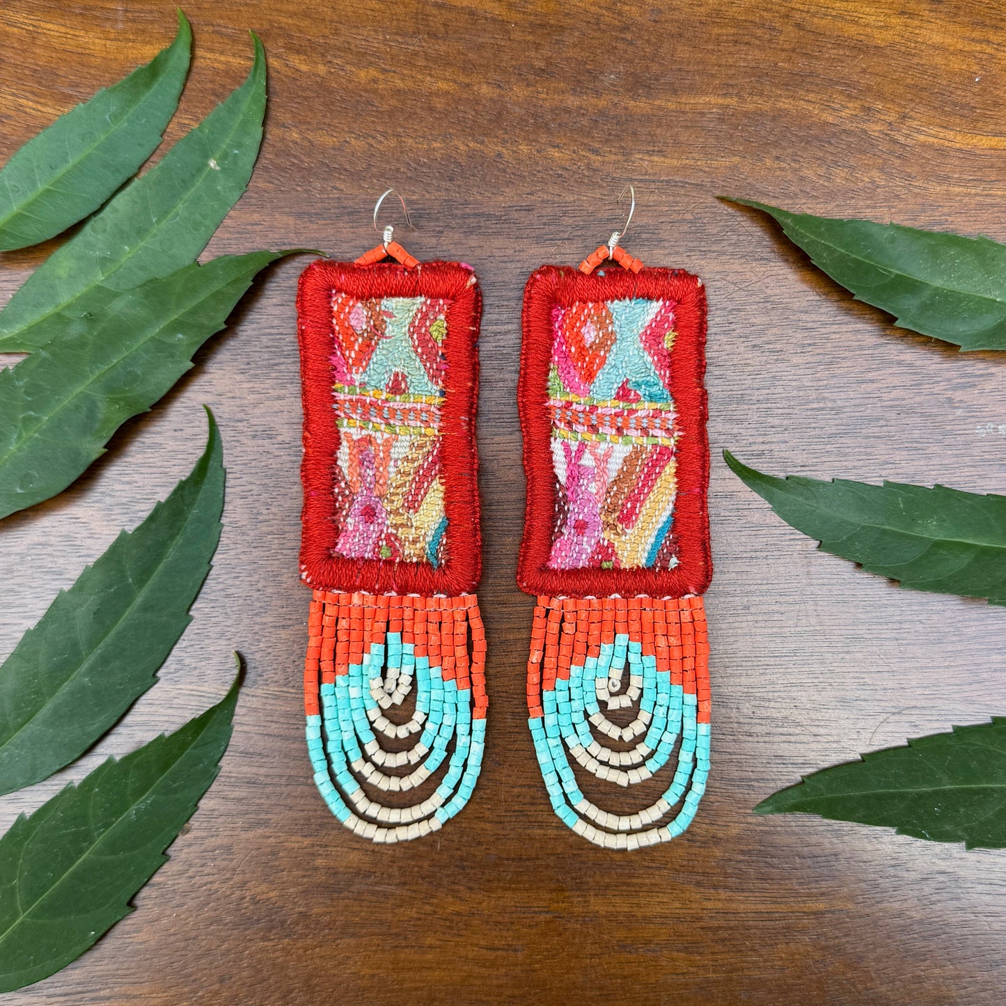 Handmade Beaded Earrings with Vintage Textile from Chichi and Clay Bead Drops, burnt orange rectangle