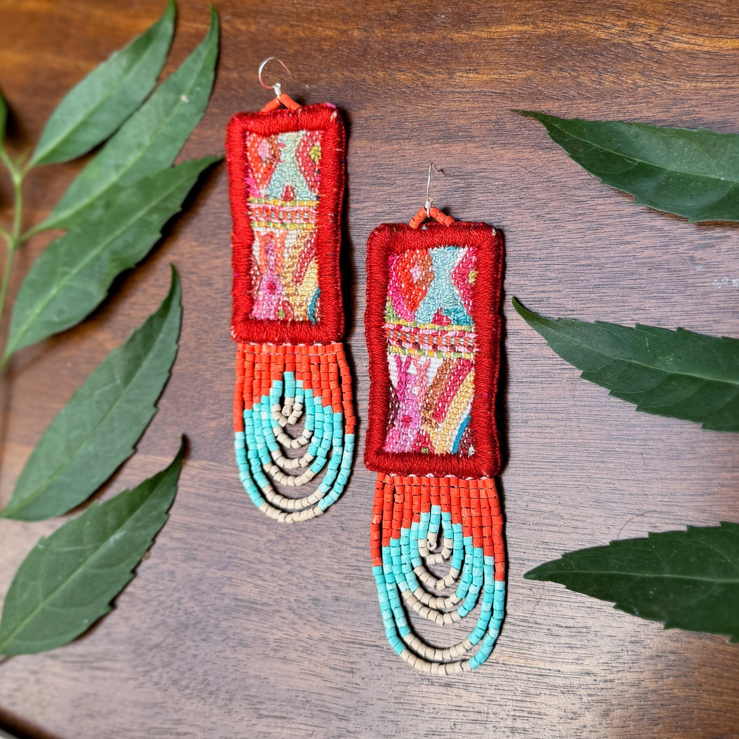 Handmade Beaded Earrings with Vintage Textile from Chichi and Clay Bead Drops, burnt orange rectangle